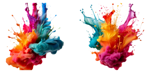 Vibrant Color Splashes and Fluid Dynamics on White Background, Isolated on Transparent Background