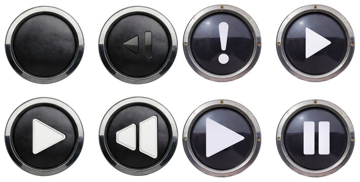 Variety of Black Play, Pause, Rewind, Skip, and Alert Buttons, isolated on transparent background