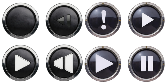 Variety of Black Play, Pause, Rewind, Skip, and Alert Buttons, isolated on transparent background