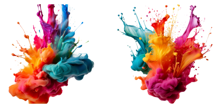 Vibrant Color Splashes and Fluid Dynamics on White Background, Isolated on Transparent Background