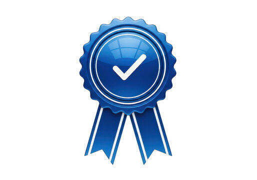 Blue award ribbon badge with checkmark seal in transparent background
