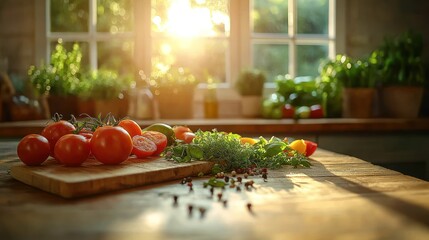 Fresh tomatoes and herbs on a wooden counter, sunlit kitchen