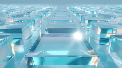 Abstract geometric 3d background with light blue glass transparent square plates render. Digital technology banner with crystal glossy block shapes in row. Modern arrow line pattern Stock Illustration