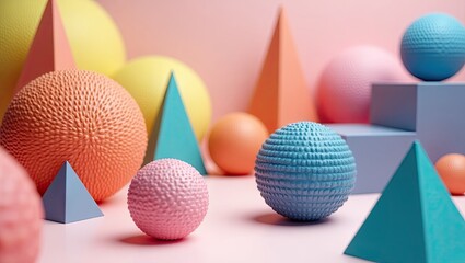 Playful composition showcasing an arrangement of various geometric shapes in soft pastel hues, including spheres, pyramids, and cubes, creating a visually engaging and artistic display against a...