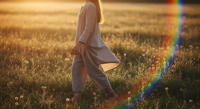 A serene woman walking through a sun-drenched meadow with a rainbow light flare