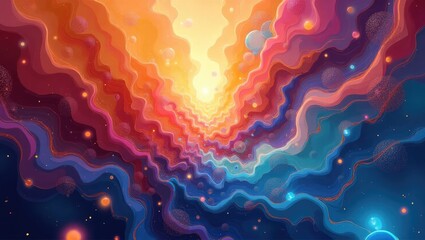 Colorful abstract illustration featuring swirling, layered shapes in a range of vibrant hues, creating a sense of depth and movement, with luminous details and a dreamy atmospheric quality in a...