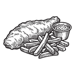 Fried Fish and Chips Tartar Sauce Engraving Vector Illustration