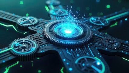 Intricate technological structure showcasing advanced circuitry and radiant energy, featuring complex gears, glowing lines, and a vibrant, bright blue core emanating light in a dark, futuristic...