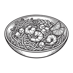 Plate of Shrimp Pad Thai Noodles Engraving Vector Illustration