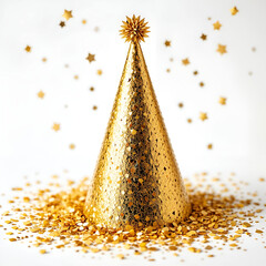 Stylish golden party hat with scattered confetti, festive celebratory composition.