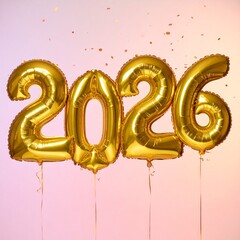 shiny gold foil balloon numbers -2026- floating against soft pastel background