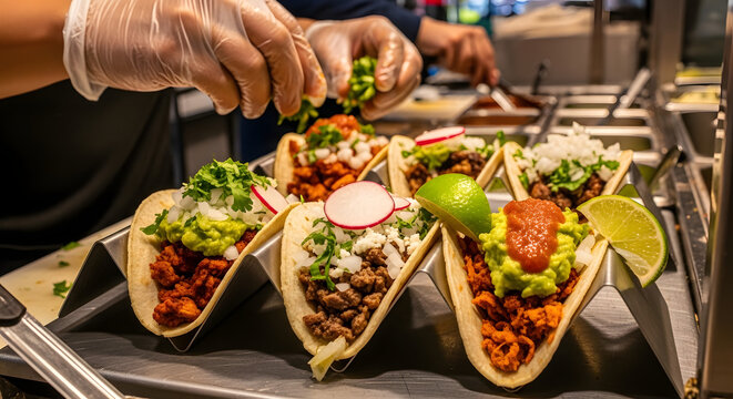 Chef preparing delicious tacos with fresh ingredients.