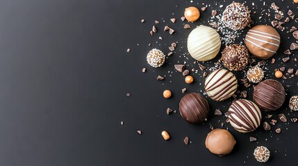 A collection of assorted chocolates and truffles are artfully arranged on a dark surface, surrounded by chocolate shavings and decorative sprinkles.