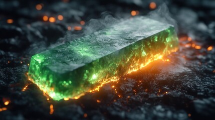Glowing green block on fiery ground