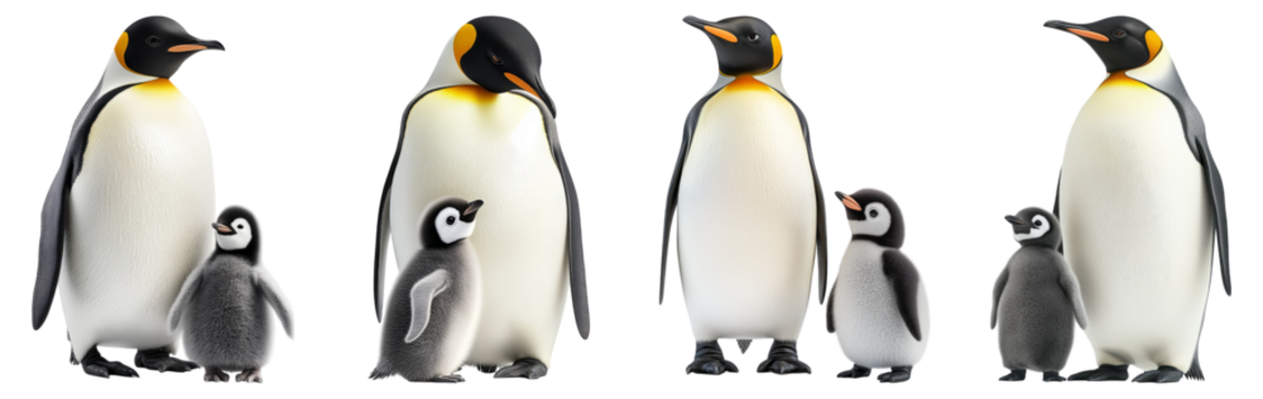 Playful Emperor Penguins with Chicks in a Snowy Antarctic Setting, Isolated on Transparent Background