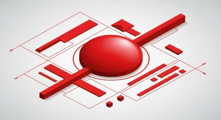 Dynamic isometric technical design with red geometric shapes providing captivating visualization