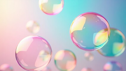 Floating iridescent bubbles showcase a playful and whimsical aesthetic against a gradient background, creating a sense of lightness and fantasy with soft, pastel colors.