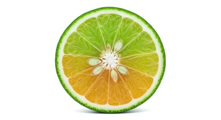 Cross section of a lime or citrus fruit showing green and orange flesh isolated on white background