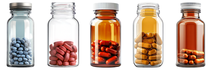 Different Types of Medicine Bottles with Colorful Pills Inside, Isolated on Transparent, white background