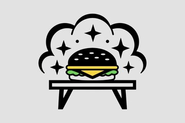 Minimalist logo design of a delicious cheeseburger on a small table