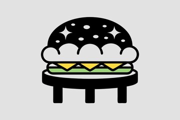 Minimalist black and white hamburger icon with cheese and lettuce