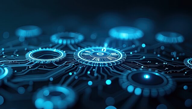 Illuminated futuristic circuit board design showcases a network of interconnected digital components with glowing, circular elements and intricate pathways, all bathed in a cool, blue light,...