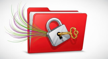 Red folder secured with a padlock and golden key for data protection