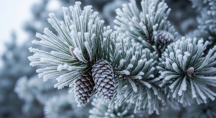 Close up of pine branch covered in frost with pinecone in winter