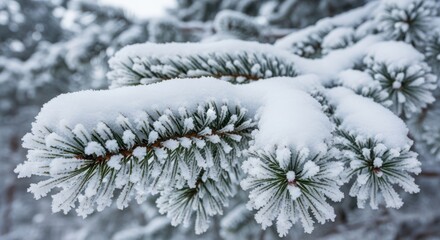 Close up of pine tree branch covered with heavy frost and snow