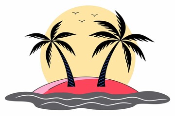 Stylized vector illustration of two palm trees on a small island at sunset