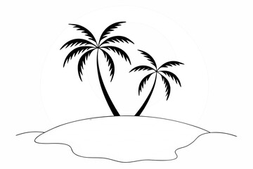 Black and white drawing of two palm tree silhouettes on island