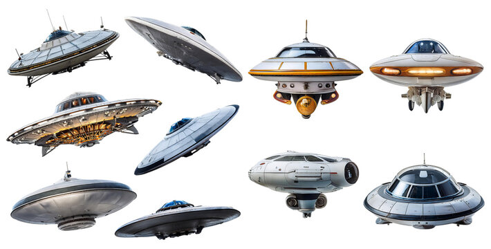 Various Styles of Futuristic Flying Saucers and Spacecraft Designs, isolated on transparent background - Powered by Adobe