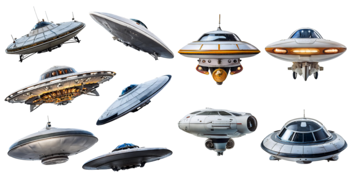 Various Styles of Futuristic Flying Saucers and Spacecraft Designs, isolated on transparent background
