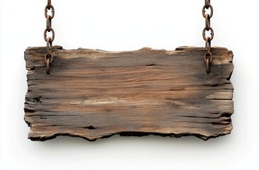 A rustic wooden sign hanging from chains, showcasing a natural, weathered look with a textured surface.