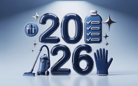 Year 2026 housekeeping concept with cleaning tool and supplies on backdrop
