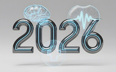 Year 2026 science and research brain heartbeat medical cross illustration