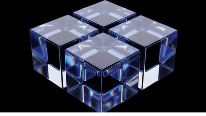 Abstract geometric crystal cube composed of four smaller translucent blue cubes against a dark background