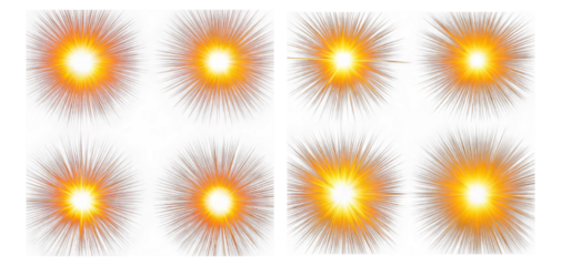 Bright Radiant Stars with Fiery Effects in Vibrant Orange Colors, Isolated on Transparent, white background