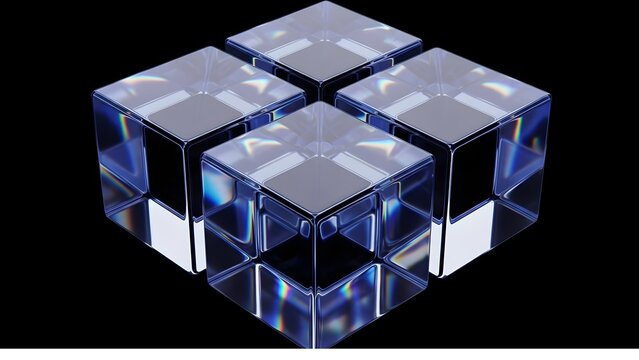 Abstract geometric crystal cube composed of four smaller translucent blue cubes against a dark background - Powered by Adobe