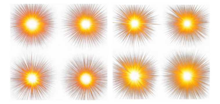 Bright Radiant Stars with Fiery Effects in Vibrant Orange Colors, Isolated on Transparent, white background