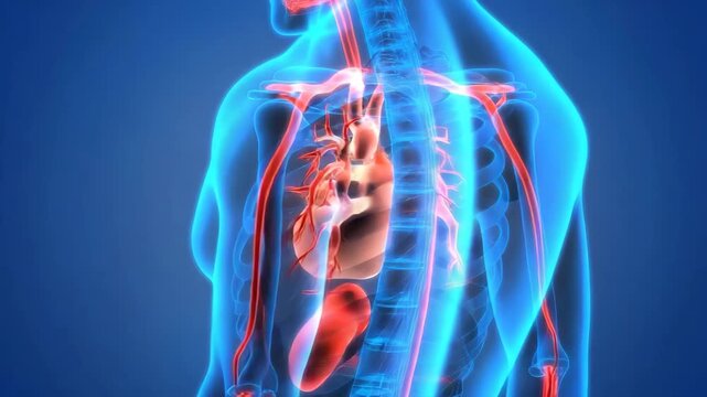 Human body anatomy with heart and blood vessels on blue background