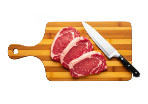 Red meat sliced on bamboo cutting board with knife in transparent background
