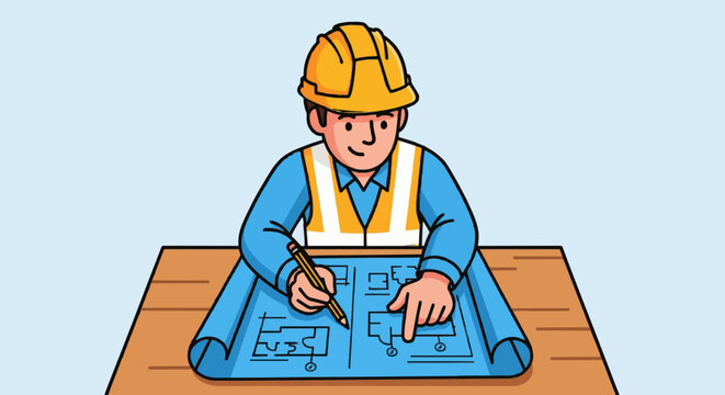 Cartoon construction worker reviewing blueprints on table flat vector.
