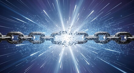 Dynamic visualization of a powerful metal chain breaking with explosive energy, symbolizing freedom, innovation, and overcoming limitations