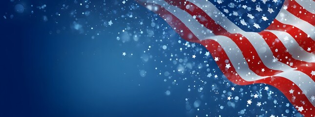 American USA flag waving on blue background with glowing glitter lights, patriotic Independence Day or national celebration concept for freedom and pride