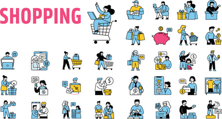 Shopping concept illustration&mdash;online, in-store, and customer service scenes for consumer behavior and retail visuals