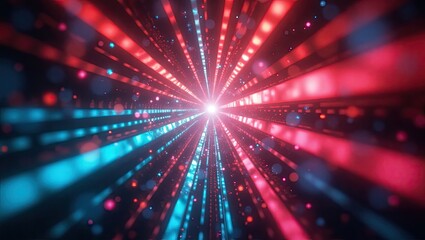 Naklejka premium Glowing lights emanate from a central source, forming luminous streaks with shades of red and blue, creating a vibrant, dynamic visual composition with a sense of forward motion and depth.