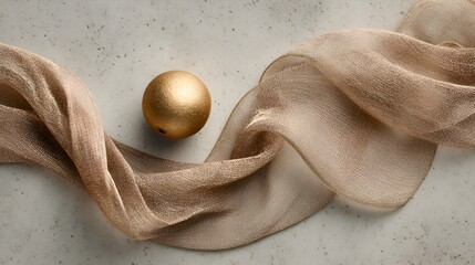 An elegant golden sphere rests beside a flowing sheer fabric on a textured gray surface creating a luxurious and minimalist composition.