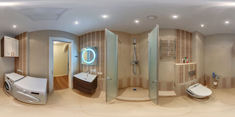 Modern bathroom interior with walk in shower and wall hung toilet