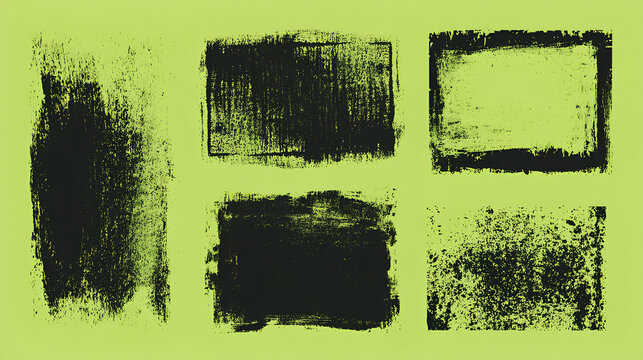 Black linocut stamp textures on acid green background. Handmade ink roller texture set with rough edges and aged effect. Grange urban backgrounds. Street art distress overlay. Lino ink block printing.